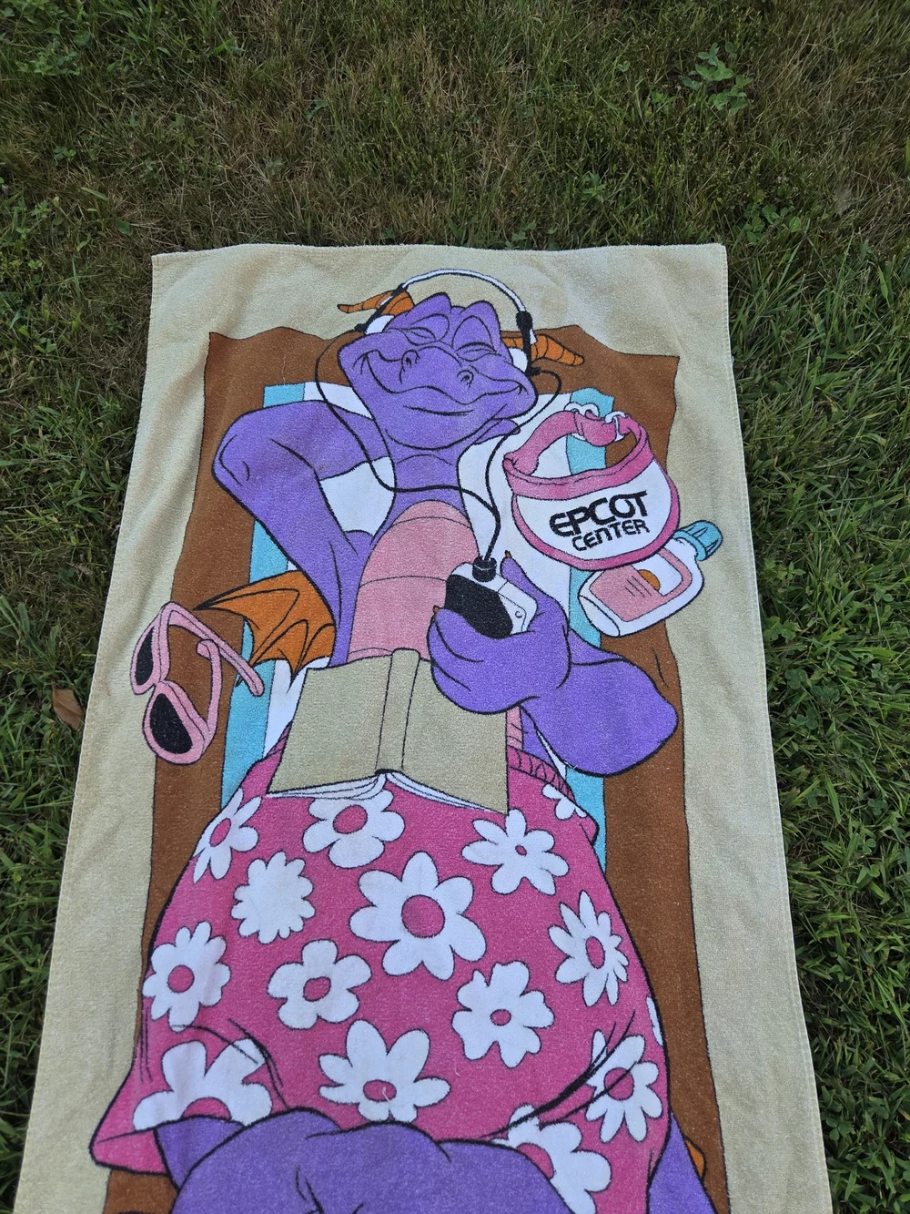Vintage Rare Disney Purple Figment Beach Towel with Pink Floral Skirt